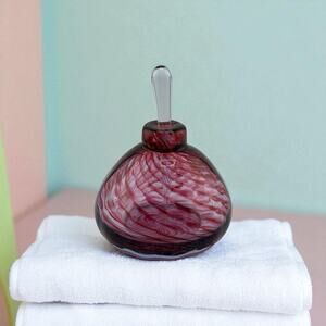 Vintage CMG signed 1994 Pink/Red Swirl Hand Blown Glass Perfume Bottle 3.75"